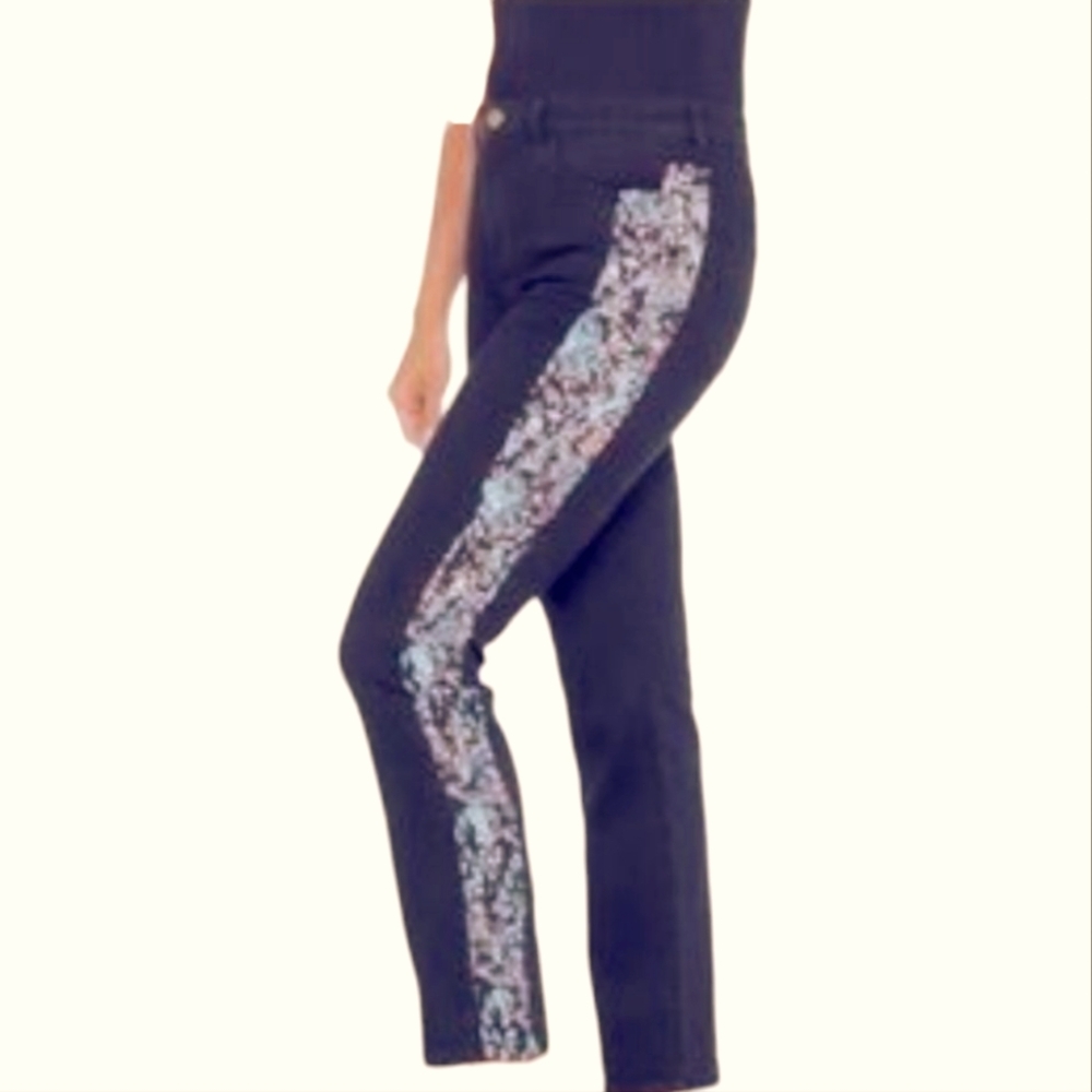 Logo Floral Side Stripe Black Stretch Jeans Pants, Cute Casual‎ Style Plus 16